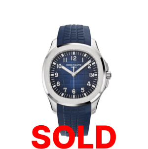 A blue and silver watch with the words " sold ".