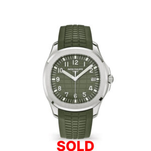 A green watch with silver hands and numbers.