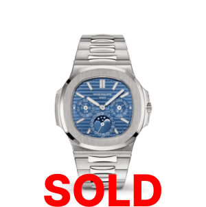 A silver watch with blue face and roman numerals.