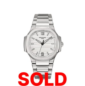 A silver watch with the words " sold ".