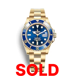 A gold rolex watch with the date and blue face.