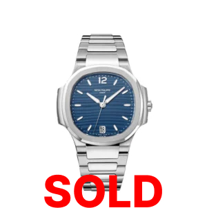 A silver watch with blue face and numbers.